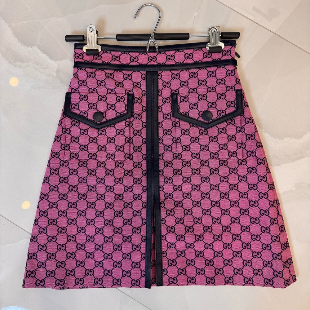 Gucci Pink & Blue Cotton GG Box Pleated Skirt